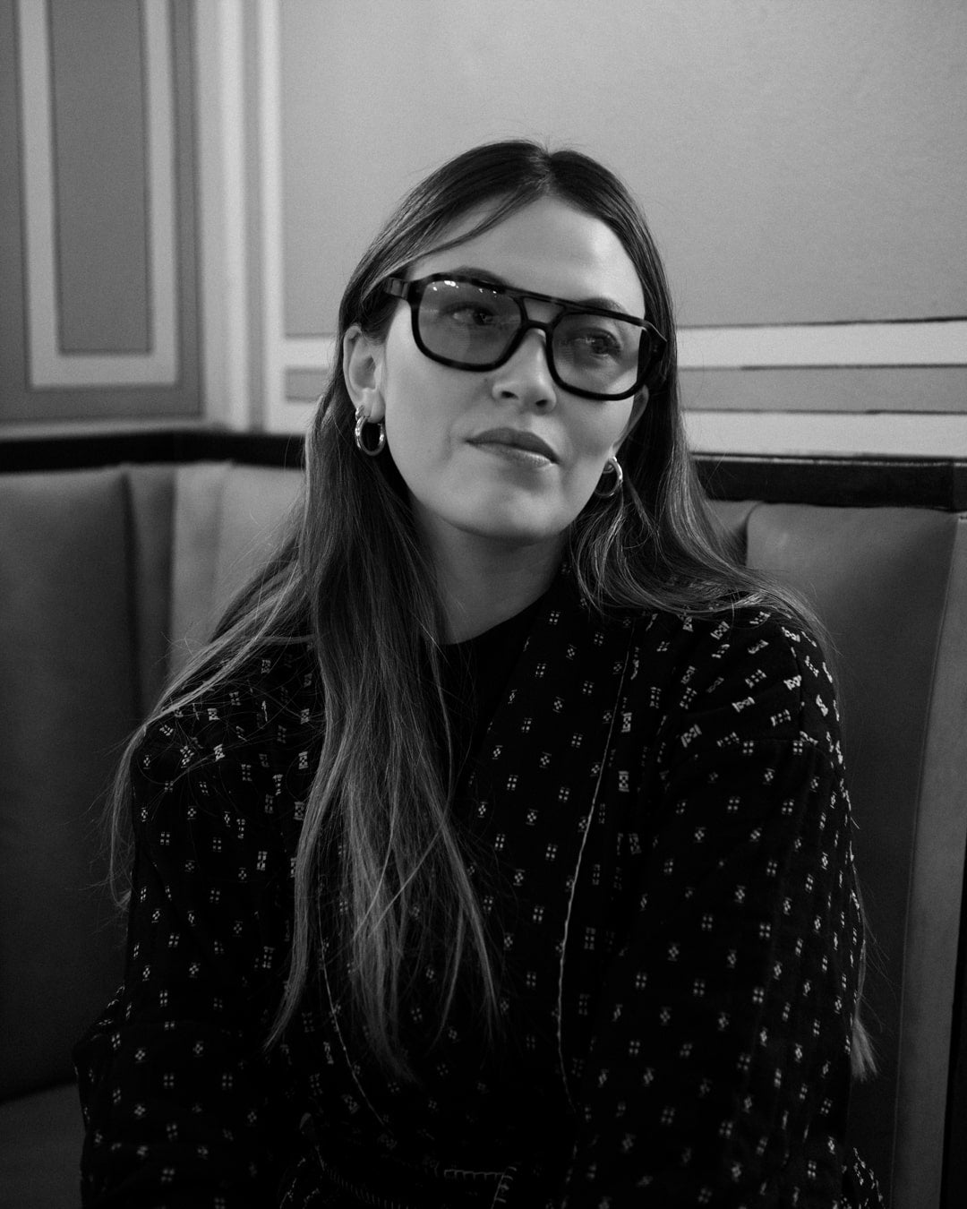 woman wearing rectangular aviator acetate sunglasses