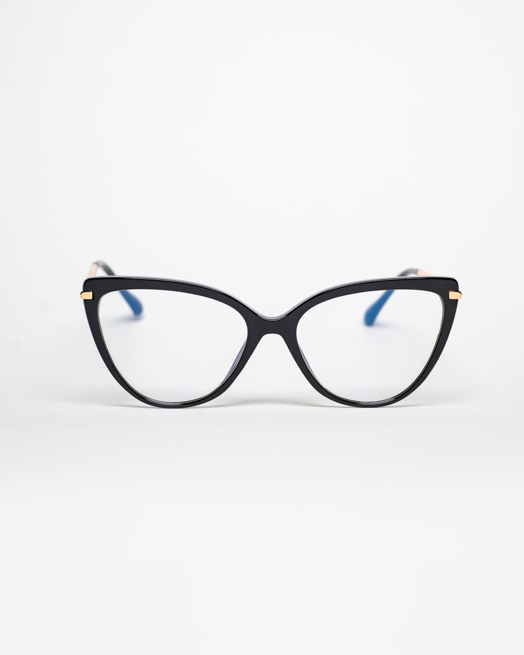 cat-eye blue light blocking glasses with a black frame and gold temples