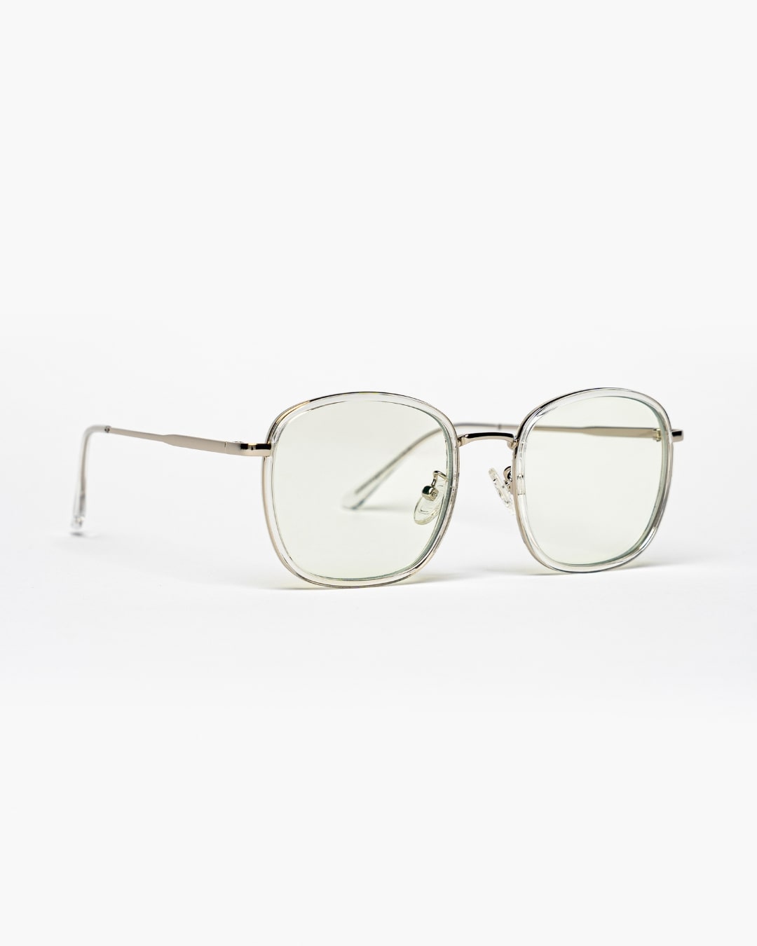 side view of square blue-light glasses with clear frames