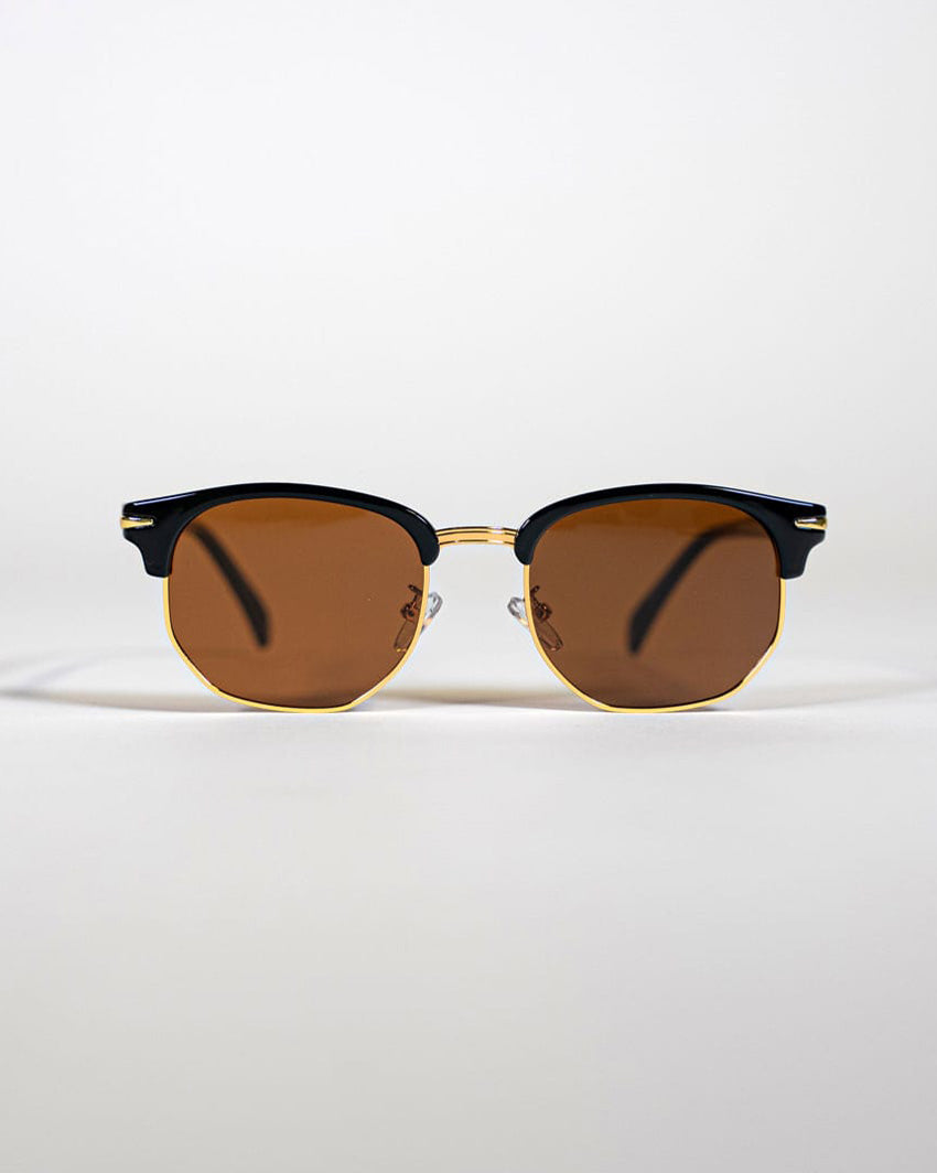 polarised square sunglasses with black and gold frames and brown lenses