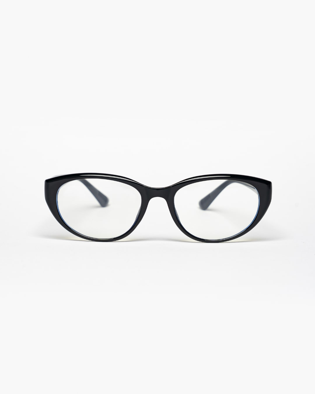 black cat-eye frames with clear blue light lenses