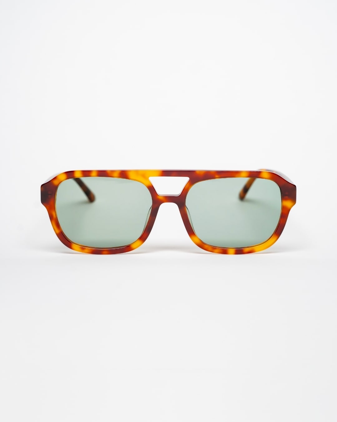 rectangular aviator sunglasses with tortoiseshell acetate frames and green-tinted lenses