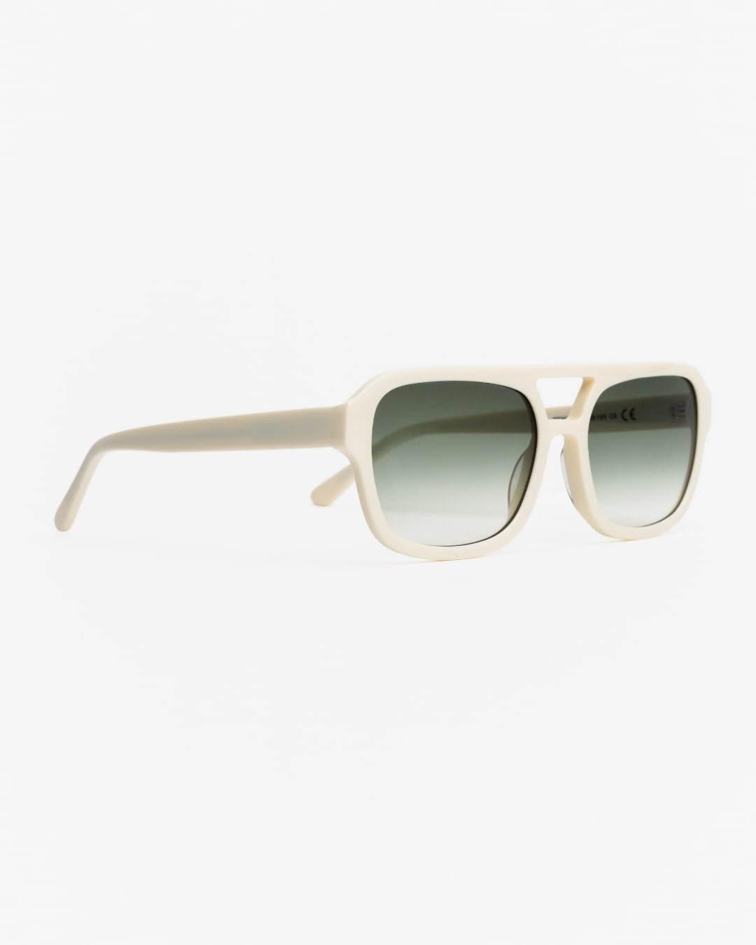 side view of rectangular aviator sunglasses with acetate frames and ombre-green lenses