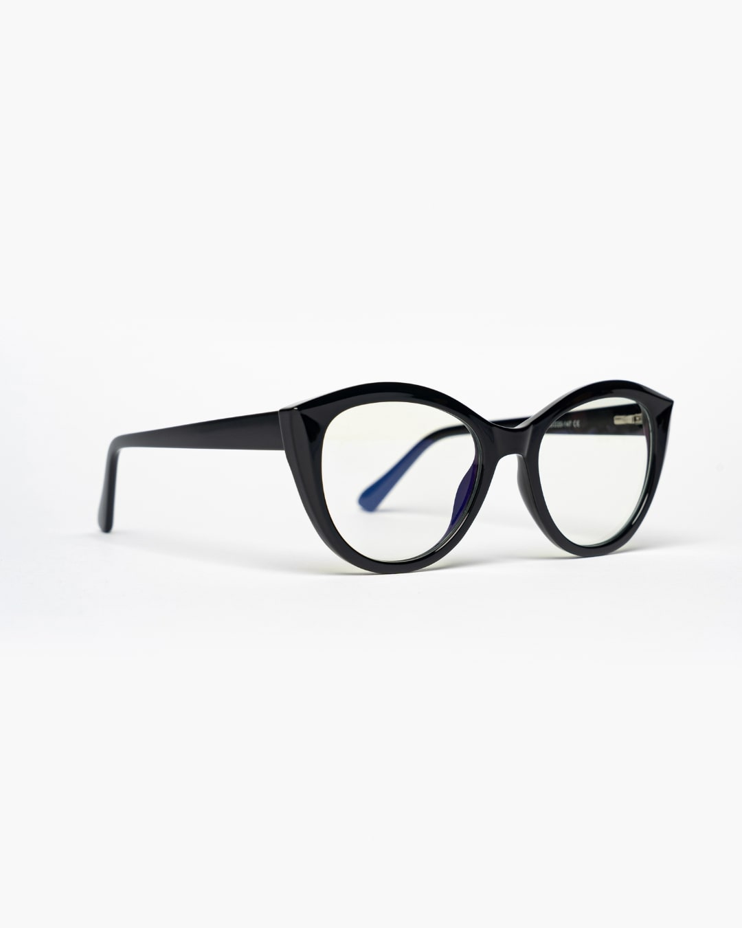 side view of cat-eye blue-light glasses with black frames