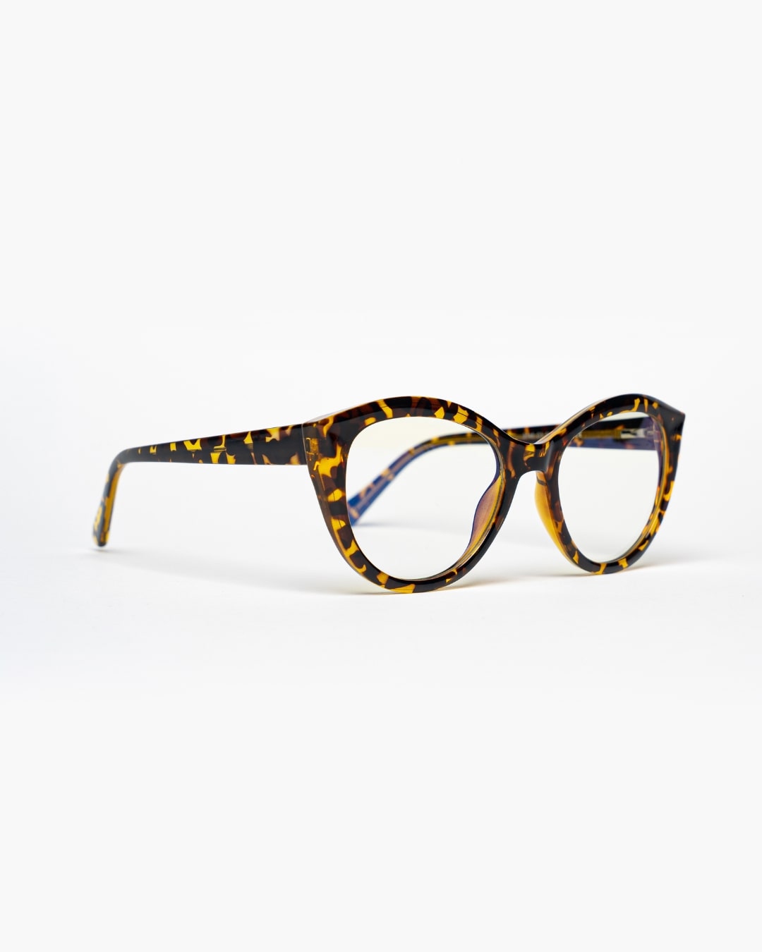 side view of cat-eye blue-light glasses with tortoiseshell frames