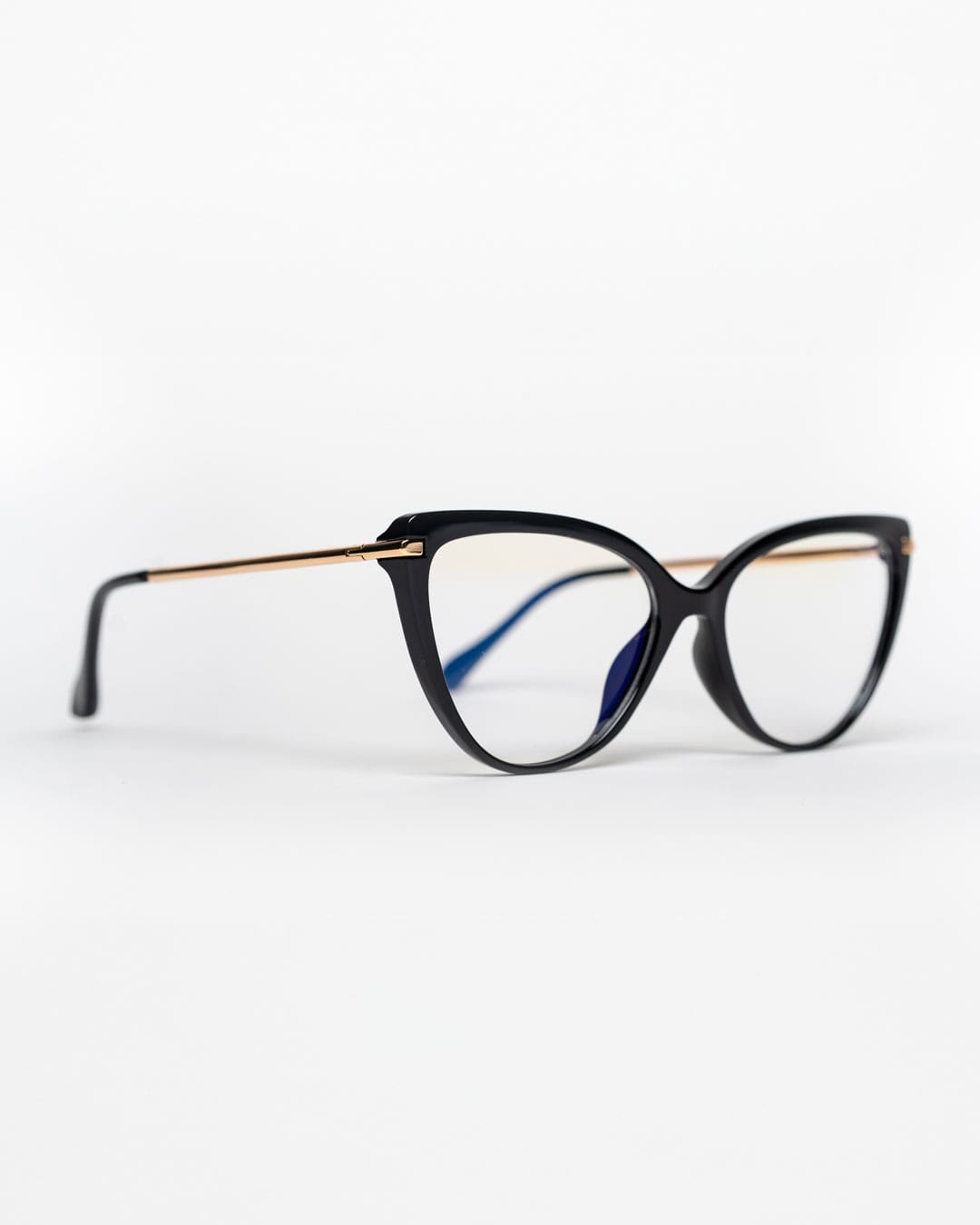side view of cat-eye blue light blocking glasses with a black frame and gold temples